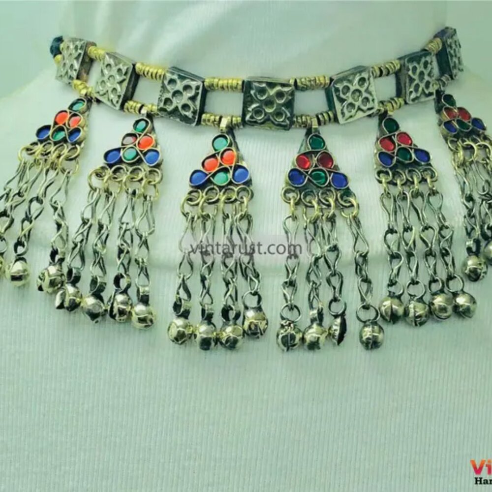 Multicolor Glass Stones and Bells Necklace, Collar Choker Necklace, Nomadic